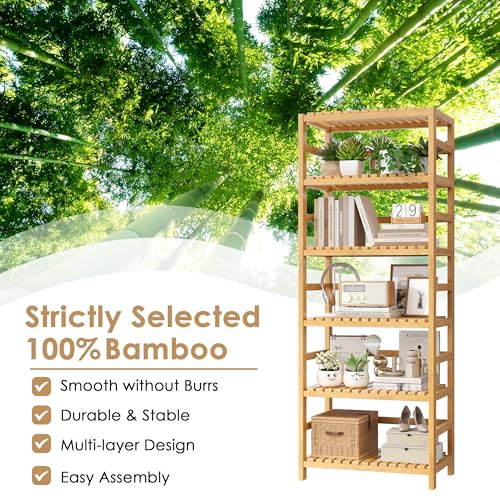 FOTOSOK Natural 6-Tier Bamboo Shelf with Adjustable Shelves for Kitchen & Home Storage