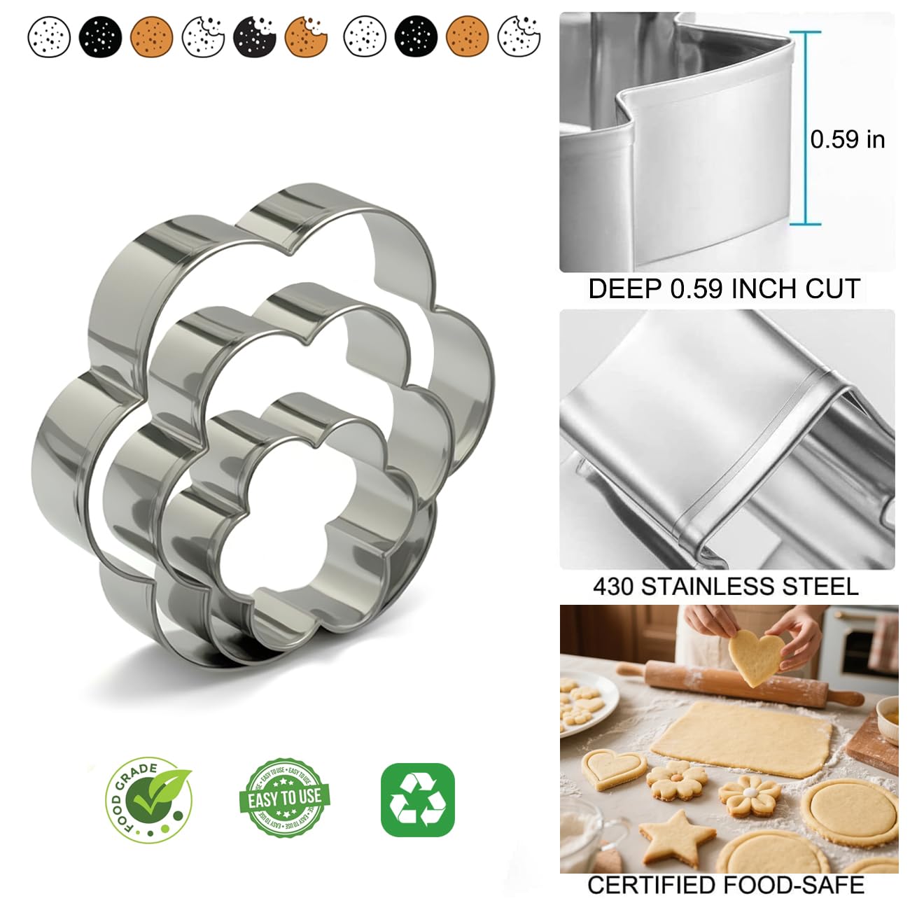 Stainless Steel Cookie Cutters Set 12Pcs - Heart, Flower, Round, Five Star Shapes - Small to Mini Size, Metal Biscuit Cutter Molds for Baking or Holiday Party Decorations