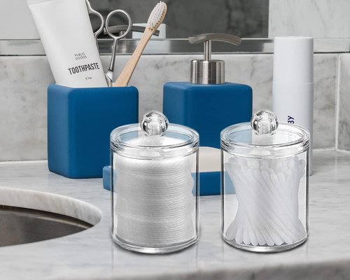 DAPOWER Qtip Holder Canister - 10-Ounce Clear Plastic Apothecary Jar with Lid for Cotton Swabs & Balls