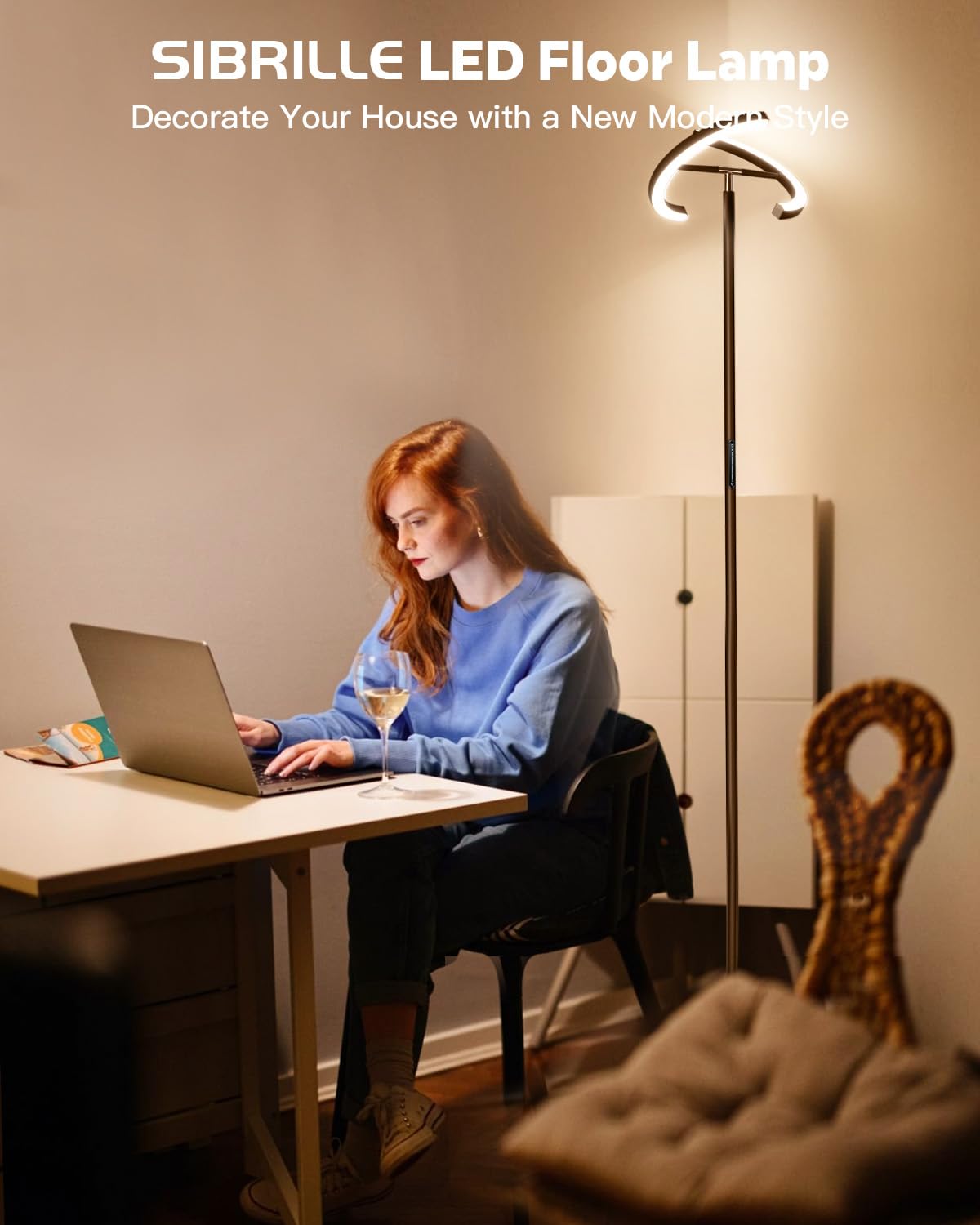 SIBRILLE Brown Floor Lamp, Modern Stepless Dimmable Standing Lamp with Remote Control, 22W 3000-6000K LED Rotatable Floor Light Uplighter Stand up Lamp Tall Lamp for Living Room Bedroom Office