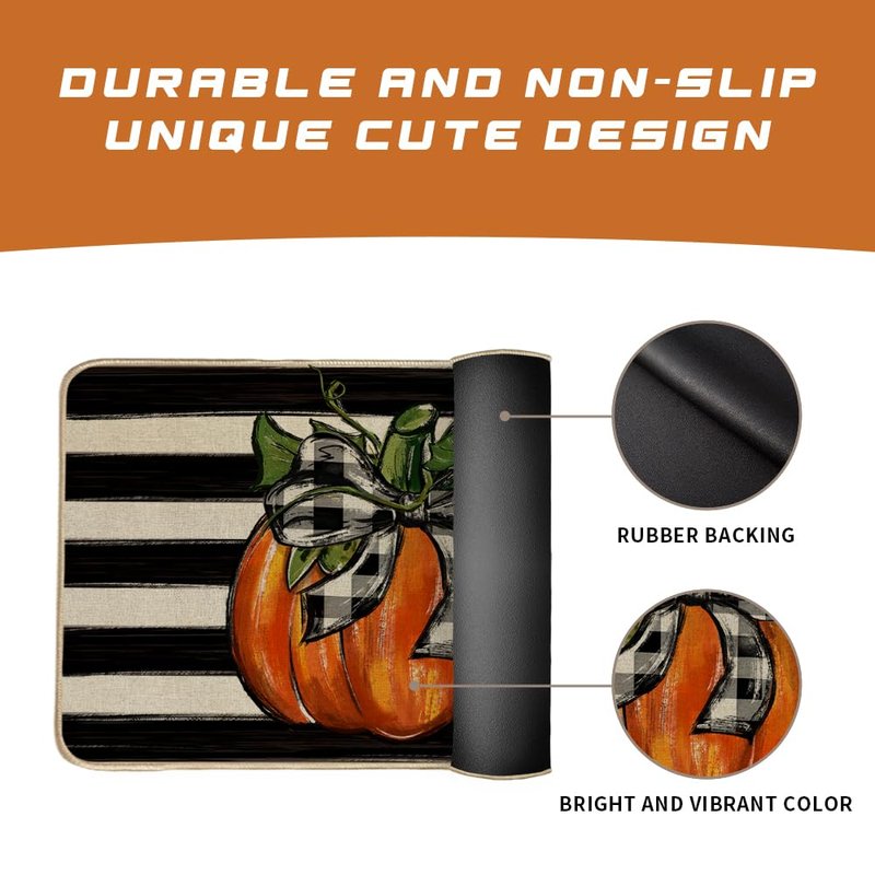 GEEORY Fall Kitchen Mats Set of 2, Striped Pumpkins Bowknot Floor Mat Farmhouse Seasonal Holiday Thanksgiving Decorations 17x29 and 17x47 Inch (Striped) GK068