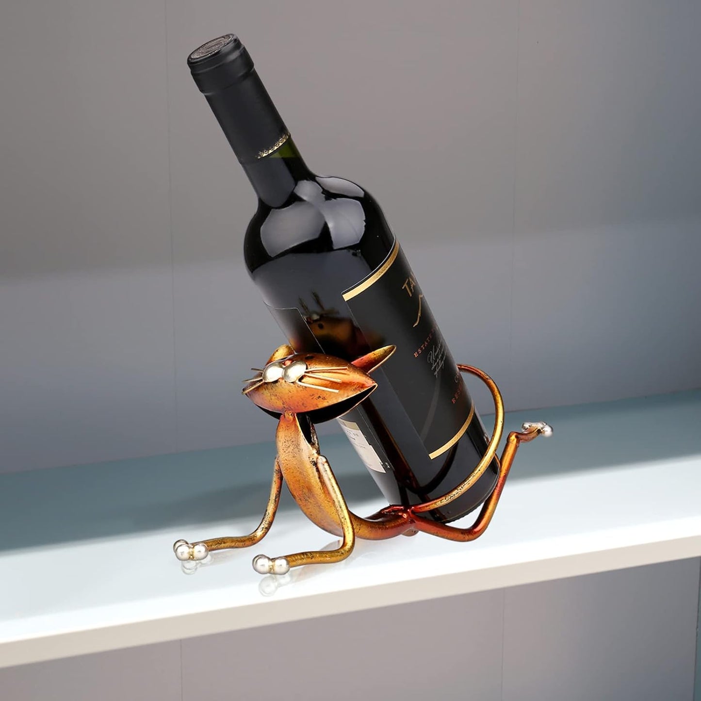 Yoga Cat Metal Sculpture Wine Bottle Holder - Unique Handcrafted Gift for Cat Lovers