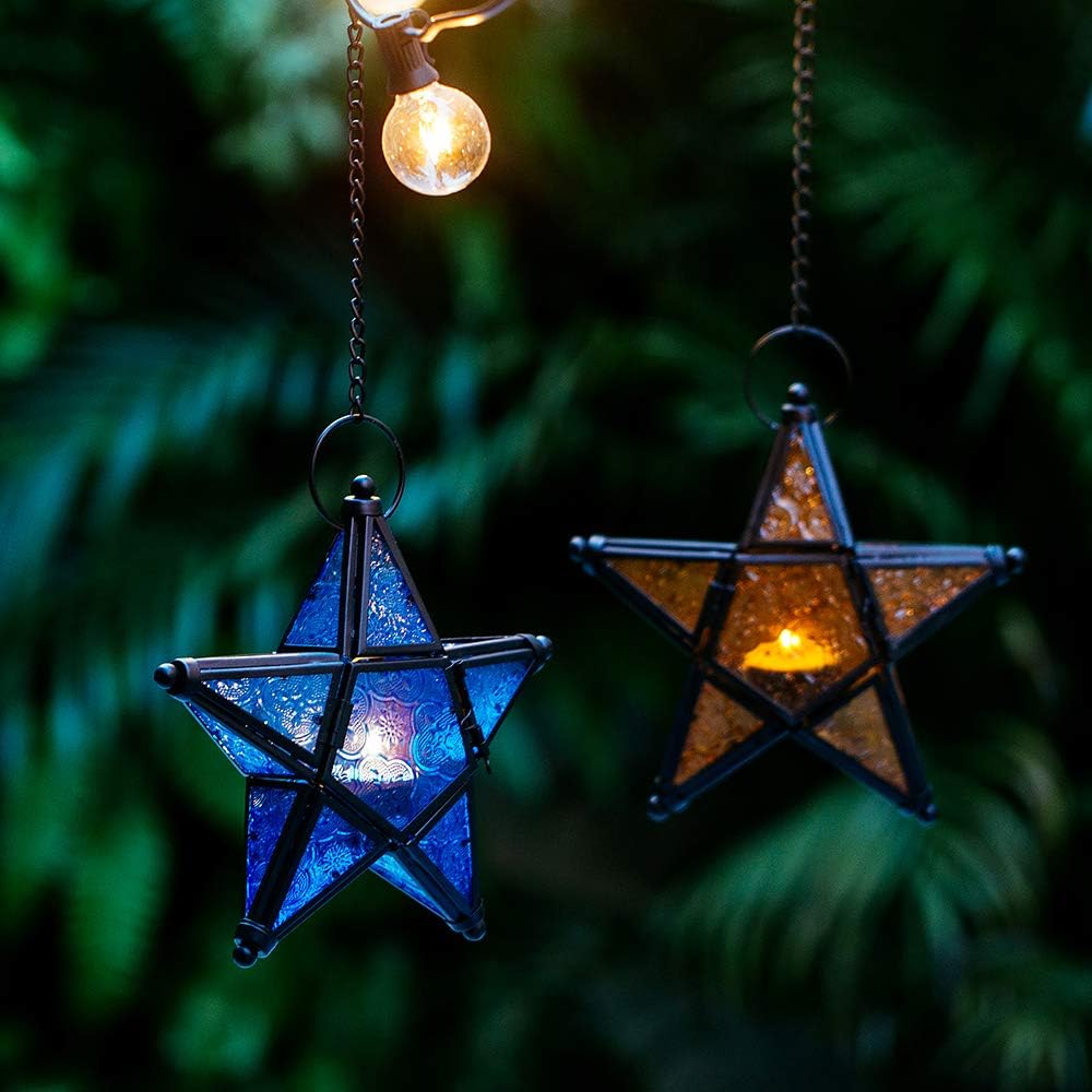 Purple Star Lantern Candle Holder - Decorative Hanging Glass Lantern for Home & Garden