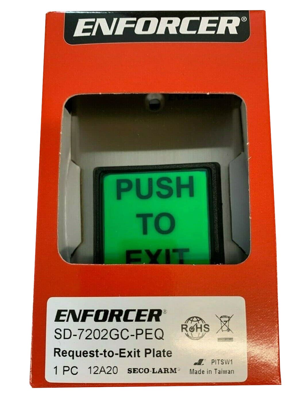 Seco-Larm SD-7202GC-PEQ ENFORCER LED Illuminated RTE Single-gang Wall Plate with Large Green Button, Large Illuminated Push Button with Caption "PUSH TO EXIT", Pushbutton Rated 10A at 125 to 250VAC