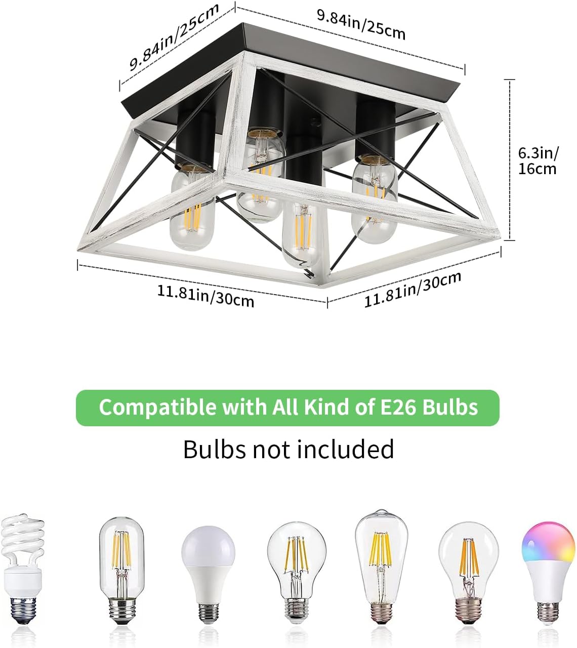 Farmhouse Flush Mount Ceiling Light Oak White Ceiling Light Fixtures 2-Light Industrial Vintage Metal-Framed Ceiling Lighting for Hallway Foyer Kitchen Dining Room Bedroom Living Room Laundry