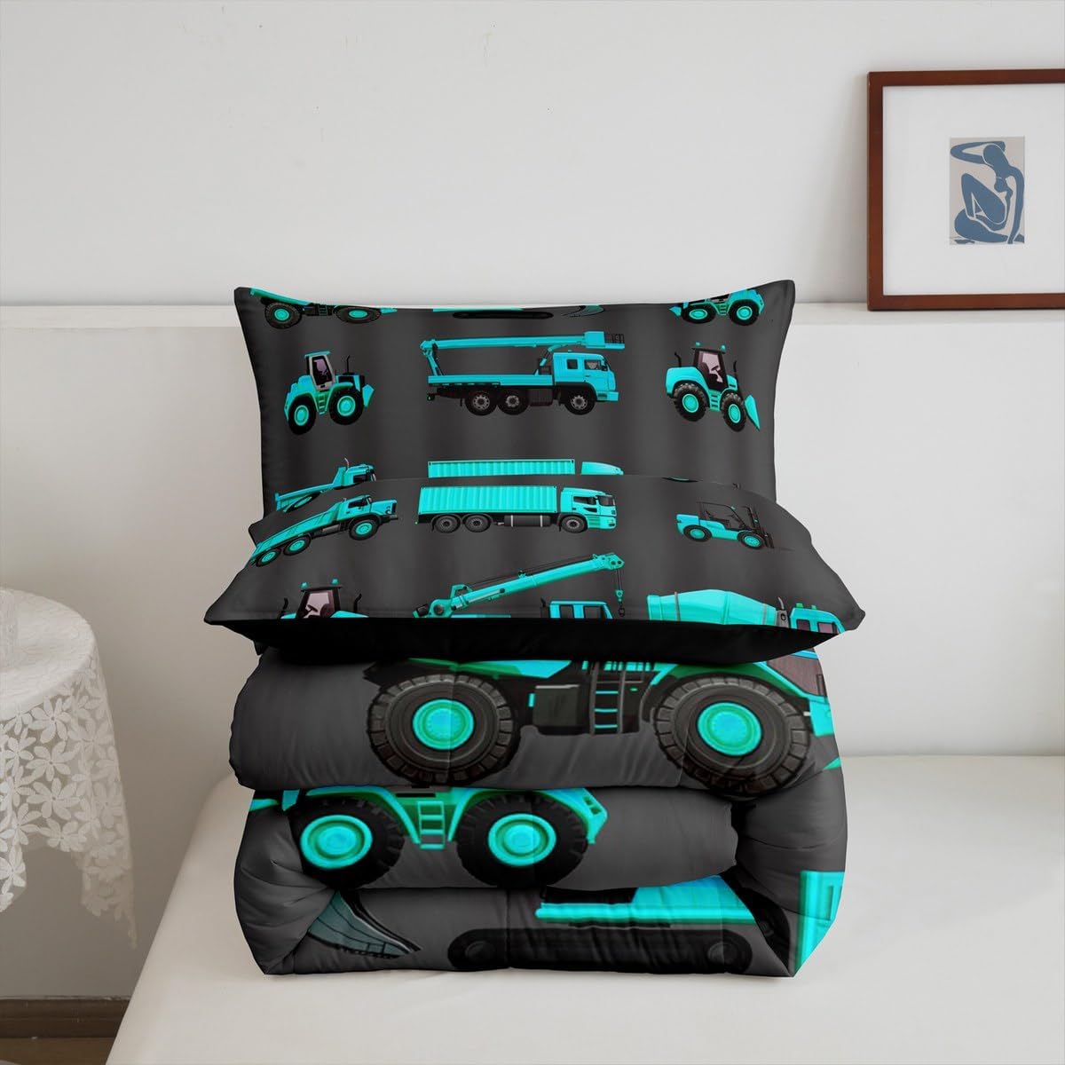 Cartoon Police Car Bedding Set Red Fire Truck Comforter Set for Kids Boys Fire Extinguisher Duvet Set Airplane Comforter 1 Comforter Set with 2 Pillowcases Full Size Boys