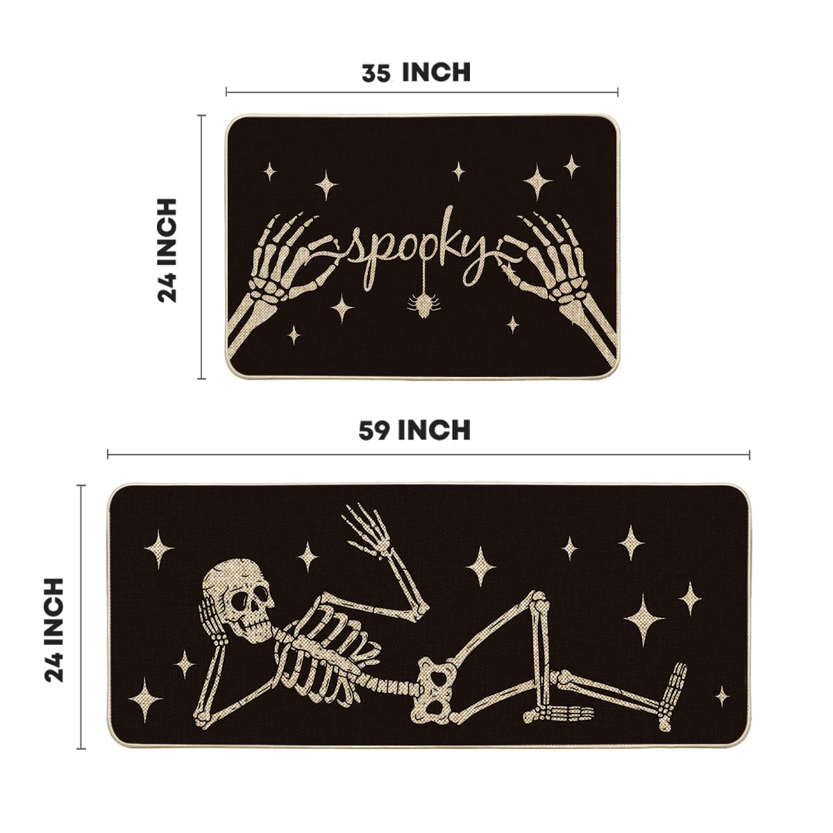 Artoid Mode Spooky Skeleton Spider Bone Black Halloween Kitchen Mats Set of 2, Black Home Decor Low-Profile Kitchen Rugs for Floor - 24x35 and 24x59 Inch