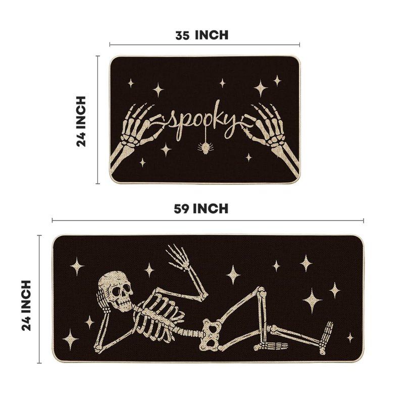 Artoid Mode Spooky Skeleton Spider Bone Black Halloween Kitchen Mats Set of 2, Black Home Decor Low-Profile Kitchen Rugs for Floor - 24x35 and 24x59 Inch