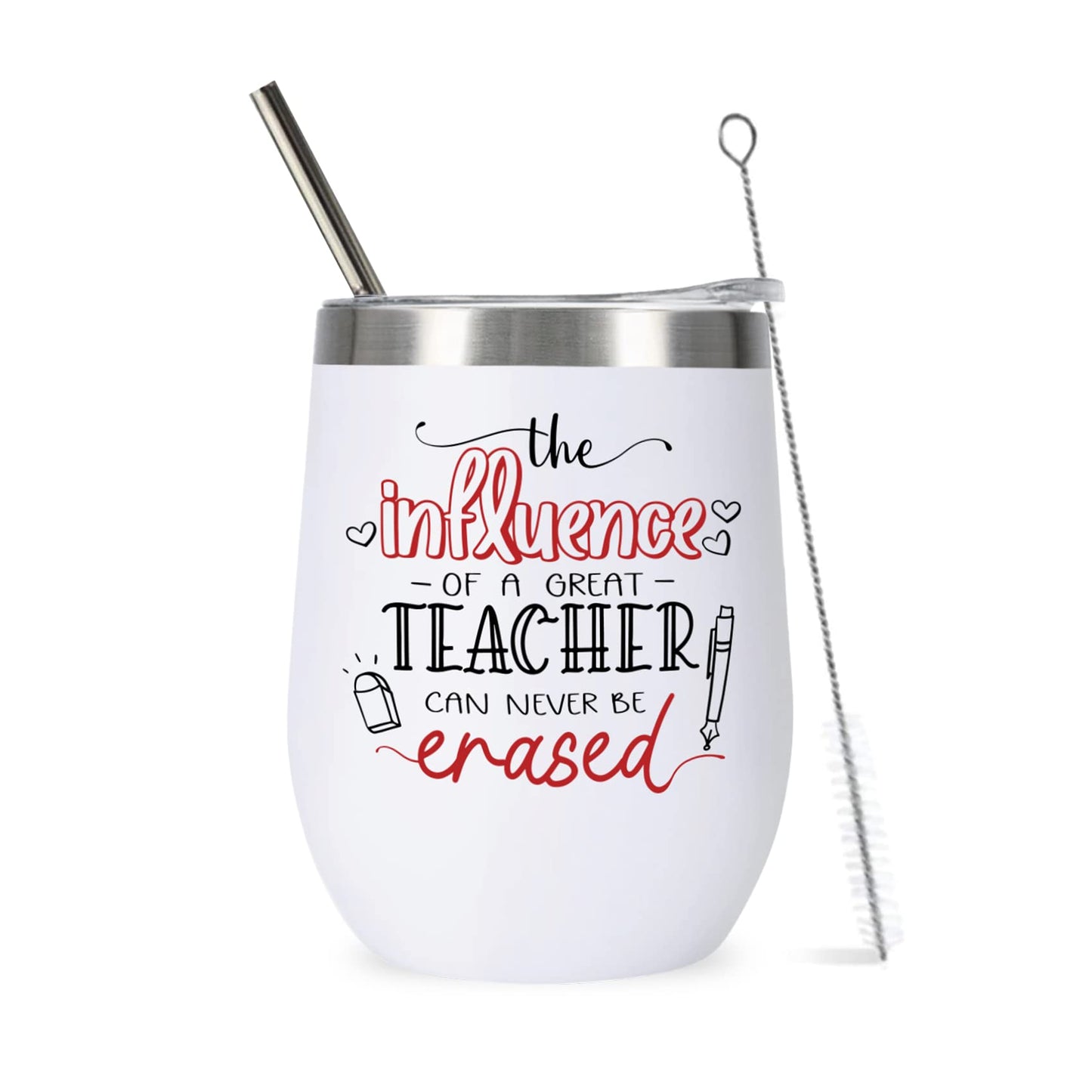 CARAKNOTS Teacher Appreciation Gifts for Women Tumbler Teacher Gifts for Valentines Graduation Birthday Retirement Christmas 12 oz Stainless Steel Wine Tumbler with Lid and Straw White