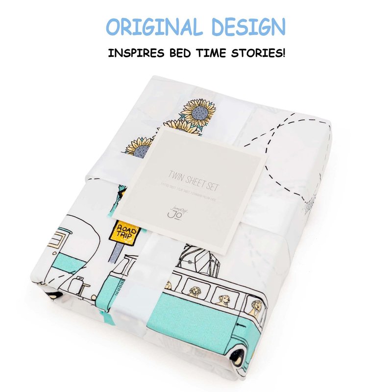 JumpOff Jo - 3-Piece Kids Twin Bed Sheet Set - Super Soft Durable Hypoallergenic, Breathable, Microfiber Polyester - Themed Bedding for Toddler Beds & Twin Beds - Travel Road Trip