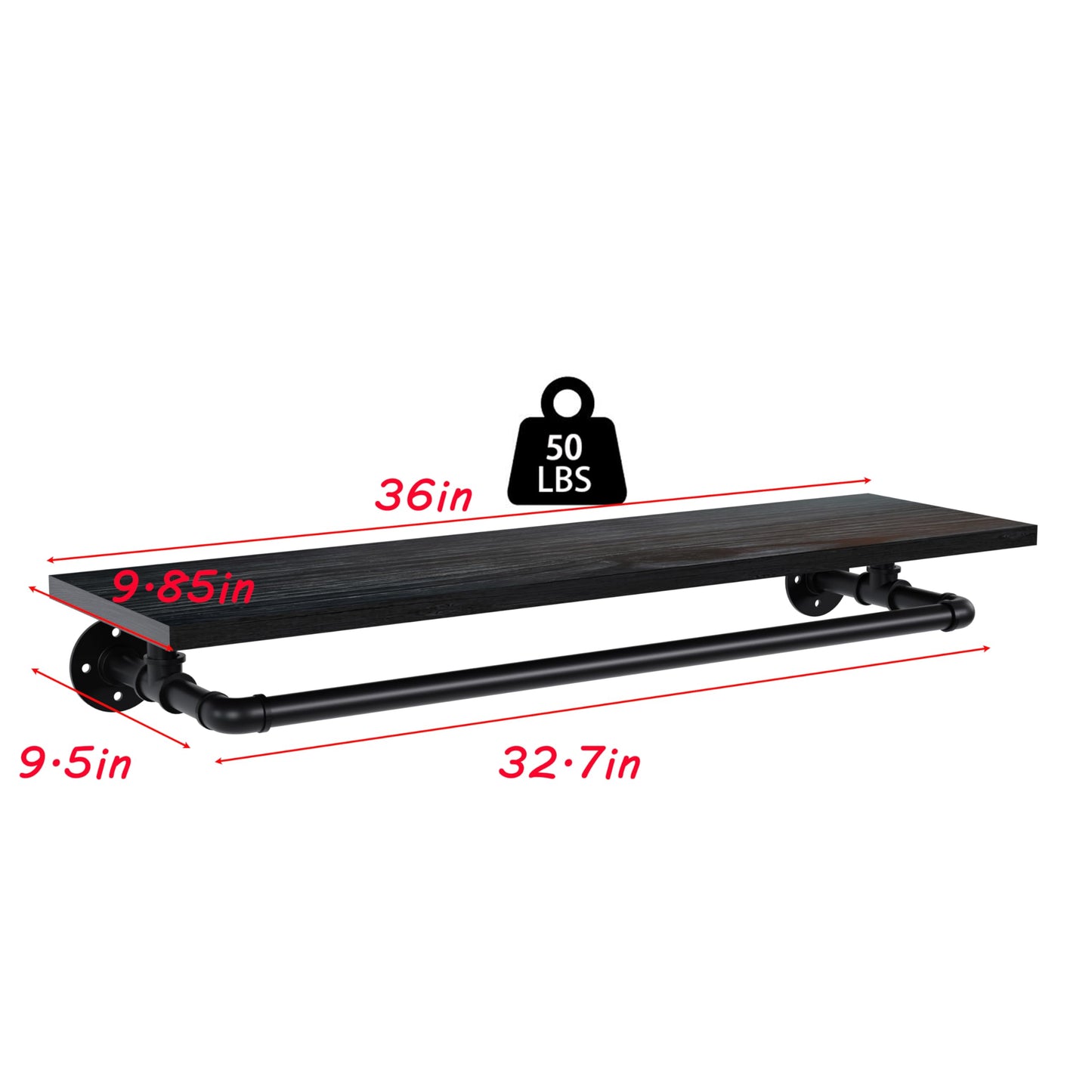 TEDIDUWA Black Clothes Rack 36in, Wall Mounted Garment Rack with Black Real Wood Shelf, Heavy Duty Hanging Clothes Rack, Multi-Purpose Hanging Rod, Space-Saving Closet Storage