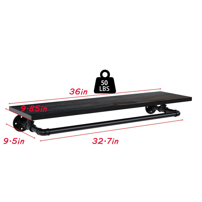 TEDIDUWA Black Clothes Rack 36in, Wall Mounted Garment Rack with Black Real Wood Shelf, Heavy Duty Hanging Clothes Rack, Multi-Purpose Hanging Rod, Space-Saving Closet Storage