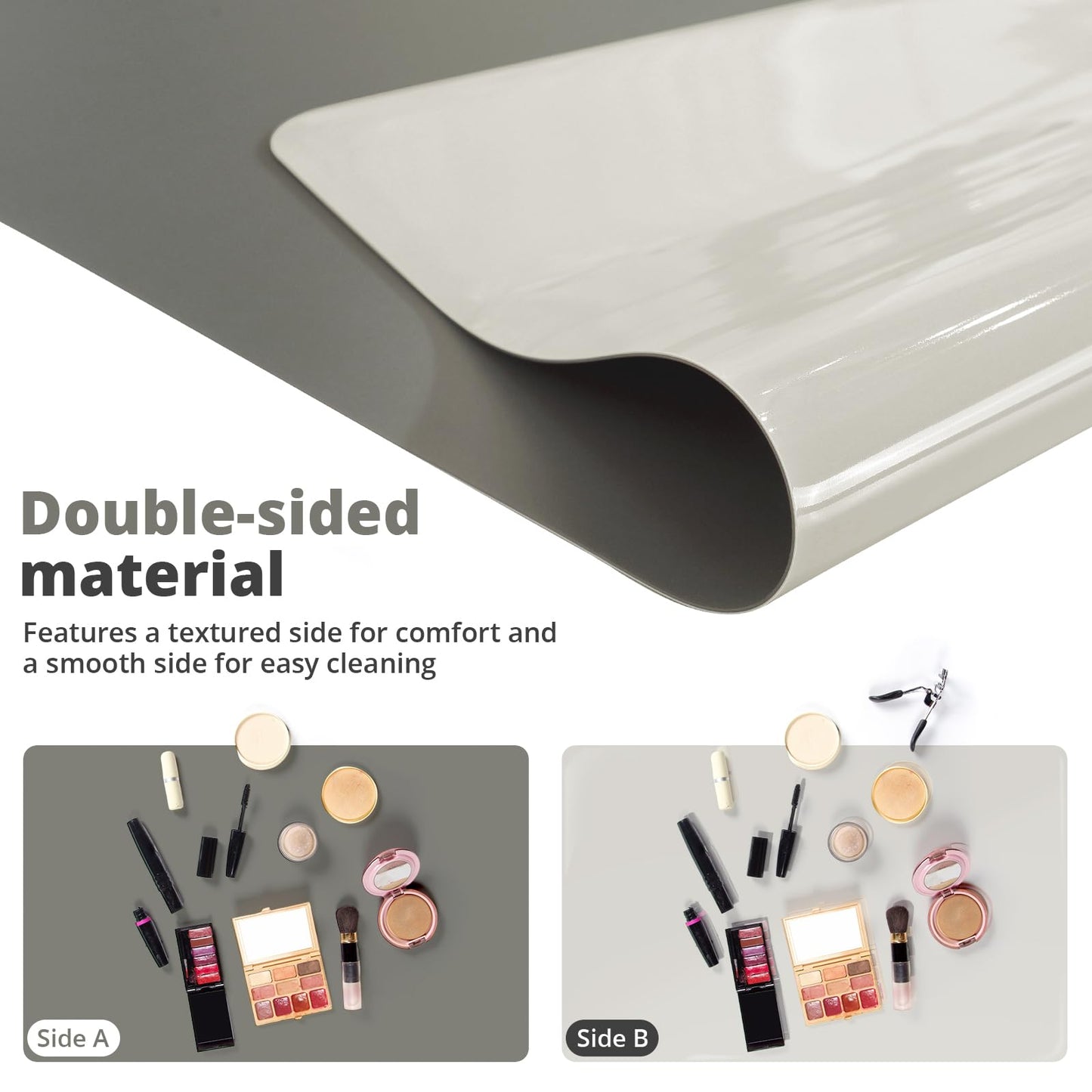 LovePads Makeup Mat for Vanity, 14 x 24 Dual-Sided Desk Pad & Vanity Cover Top, Waterproof PVC Protector Mat for Dresser, Nail Art, Craft Table (Dark Grey+Grey)