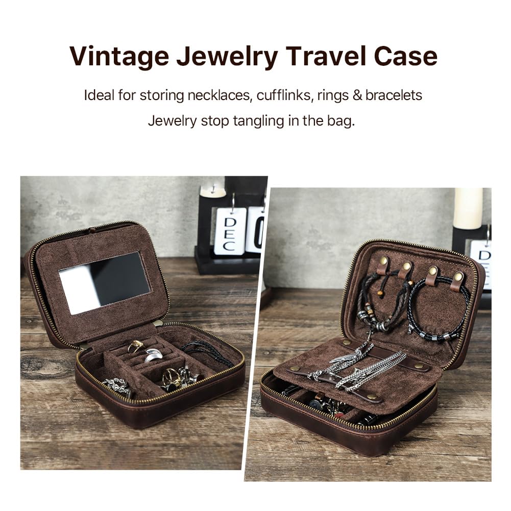 Contacts Genuine Leather Jewelry Box for Men Travel Jewelry Organizer Zipper Jewelry Cufflinks Ring Necklace Bracelet Storage Case with Mirror, Rectangular+mirror, Coffee