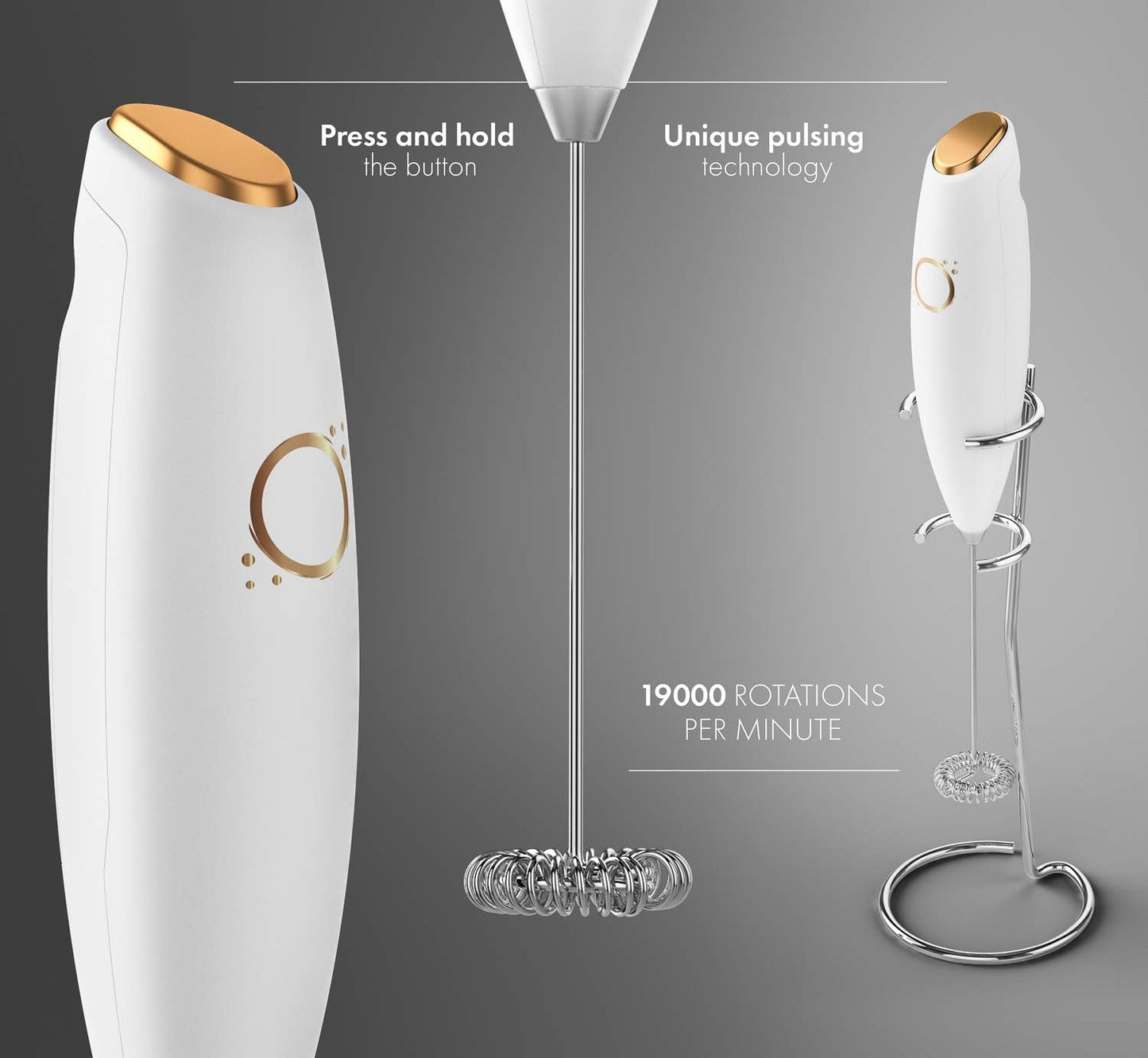 Skiennix Milk Frother - Handheld Electric Whisk with 19000 RPM - Includes Recipe Book & Stainless Steel Stand - Elegant White and Gold Design