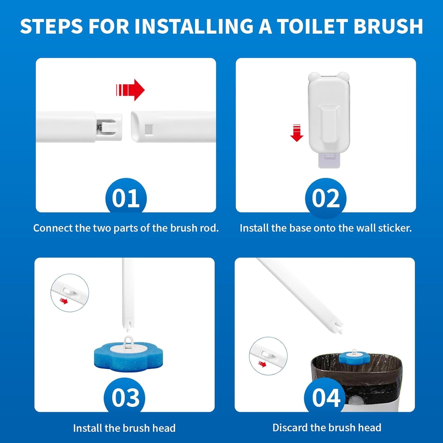 Skiennix Disposable Toilet Brush - 48 Refills Included | Wall-Mounted Holder for Deep Cleaning (White)