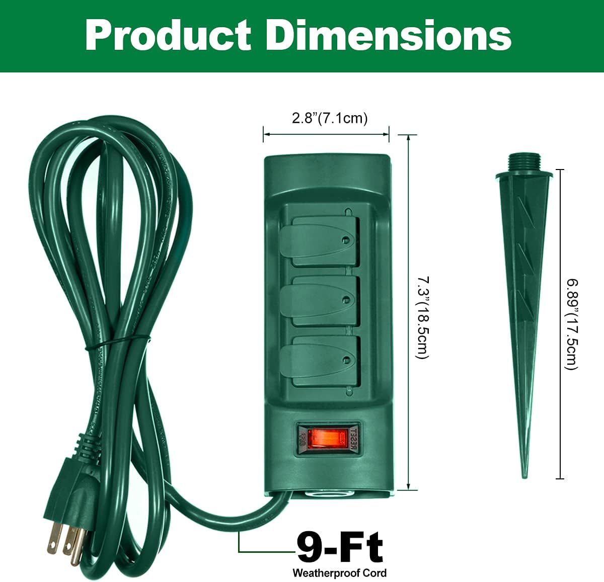 Outdoor Power Strip with Covers - 6-Outlet Yard Stake, 9ft Cord & Overload Protection