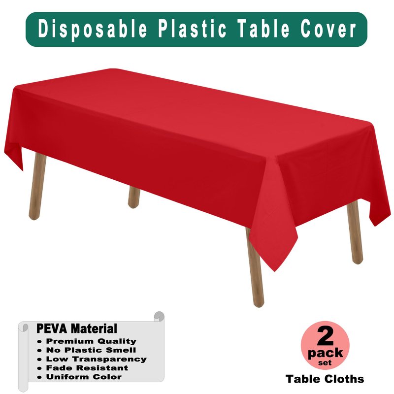 Red Plastic Tablecloths - 2 Pack Disposable Table Covers 54 x 108 Inch Bridal Shower, Party, Picnic, Birthday, Wedding, Banquet Use - PEVA Table Cloths 8 ft Rectangle