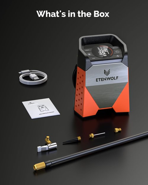 ETENWOLF Zephyr S3 Tire Inflator - Portable Air Compressor with 160 PSI | Fast 1 Min Inflation, Vivid Orange