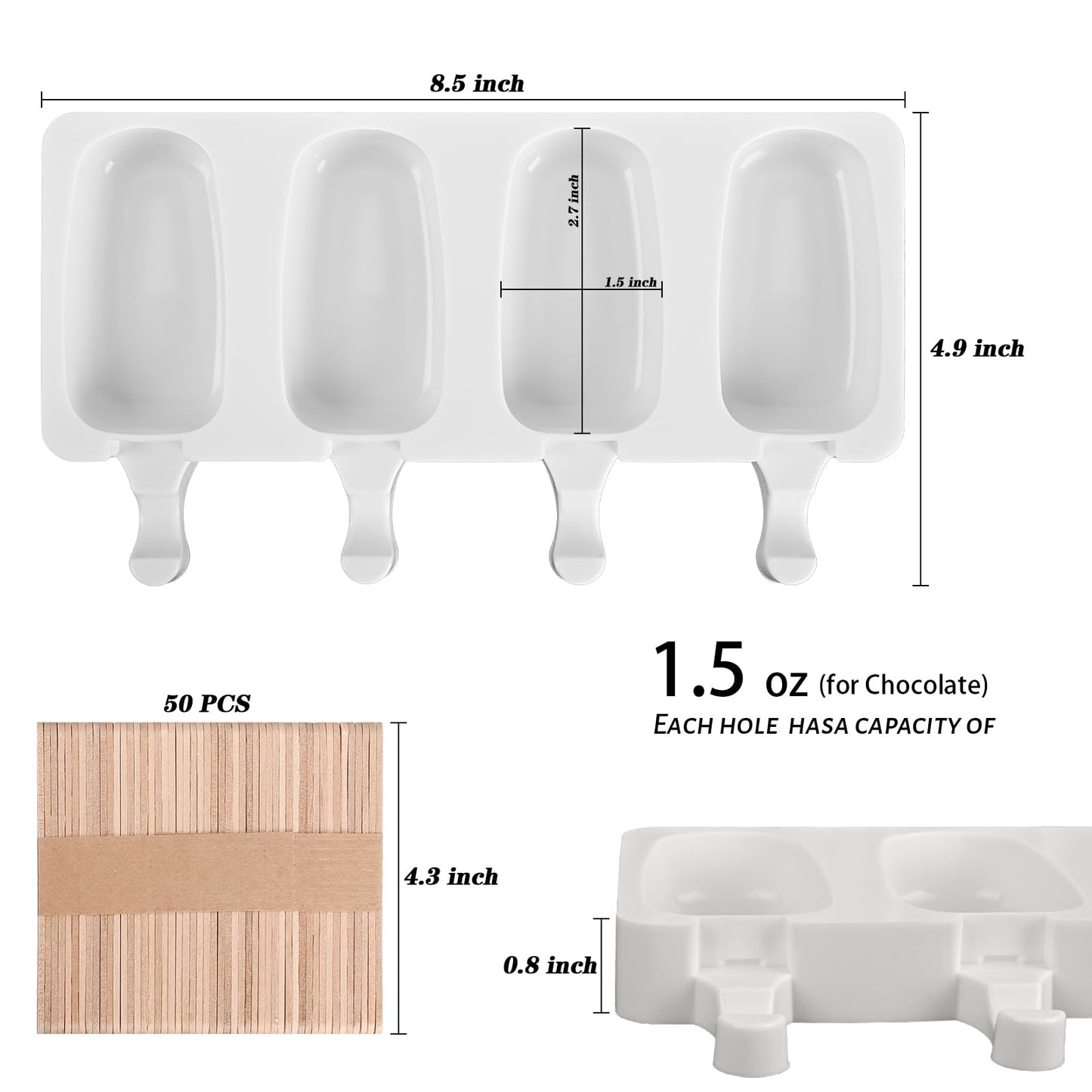 Sakolla 2 Pack Mini Popsicle Silicone Molds, 4 Cavities Oval Ice Pop Molds with 50 Wooden Sticks for Homemade Ice Cream, Cakesicles, Cake Pop (White)