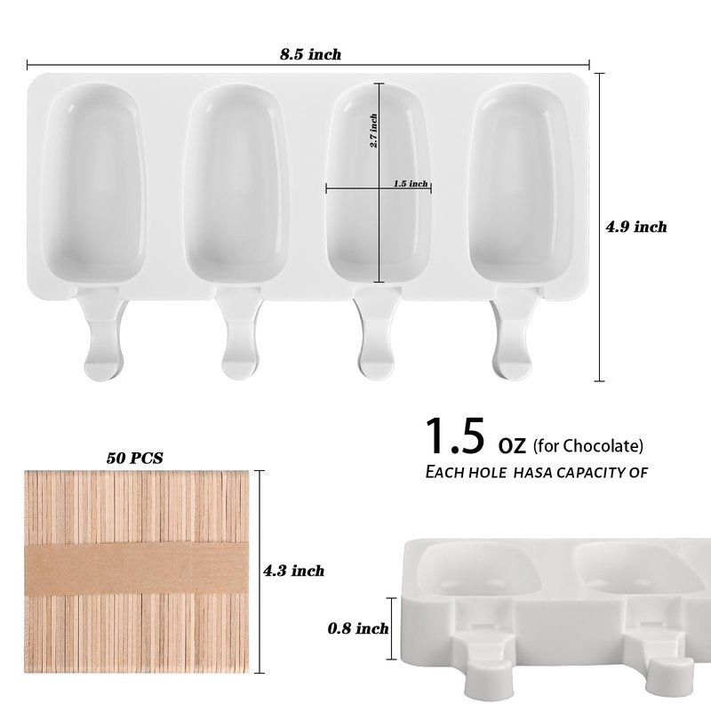 Sakolla 2 Pack Mini Popsicle Silicone Molds, 4 Cavities Oval Ice Pop Molds with 50 Wooden Sticks for Homemade Ice Cream, Cakesicles, Cake Pop (White)