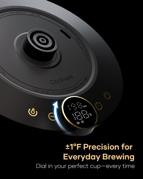Cocinare Barista Collection Gooseneck Electric Kettle, ±1℉ Precise Temperature Control for Pour-Over Coffee & Tea, Quick Heating 1500W, Stainless Steel Interior, 0.9L (Gustav Gold)