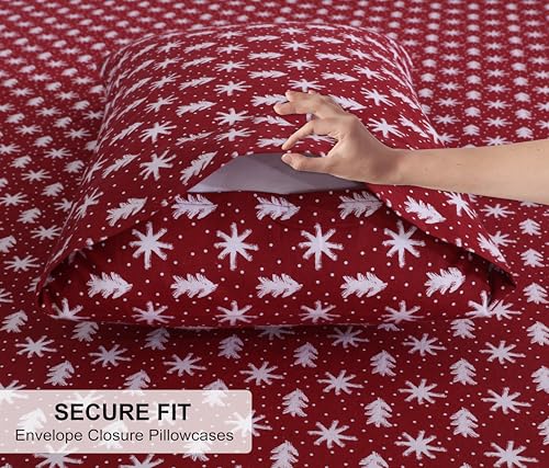 RUVANTI 100% Cotton Flannel Sheets Queen 4-Piece Set, Red Christmas