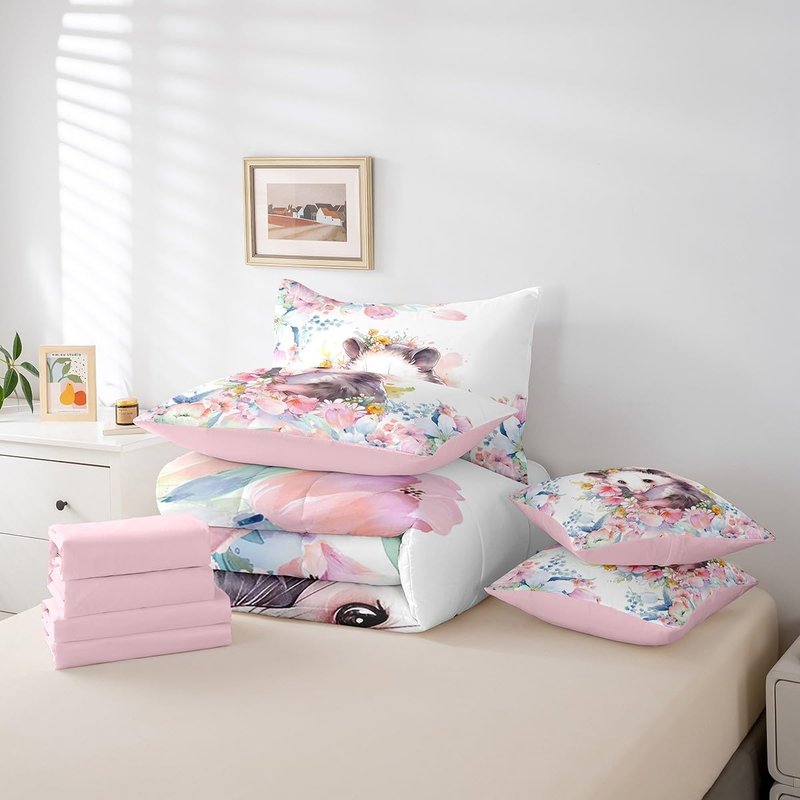 Feelyou Cute Opossum Comforter Set Twin 7 Pcs Cartoon Animal Theme Bedding Set Flower Floral Print Farmhouse Zoo Wildlife Style Decor Bed in a Bag with Comforter, Sheets, Pillowcases & Cushion Cover