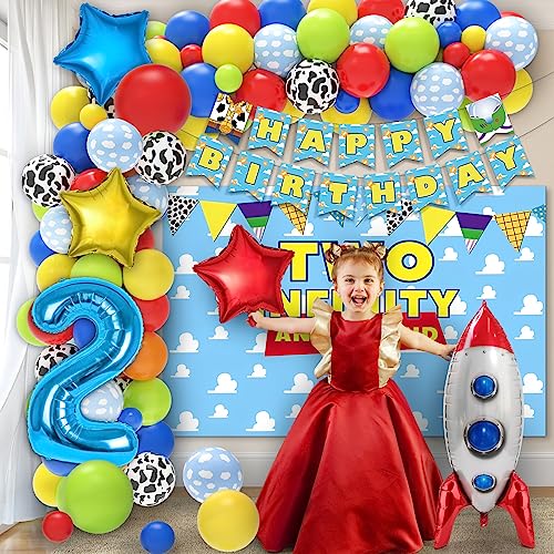 Toy-Inspired 2nd Birthday Decorations Set - 105 Pcs Party Supplies with Banner Balloons Backdrop