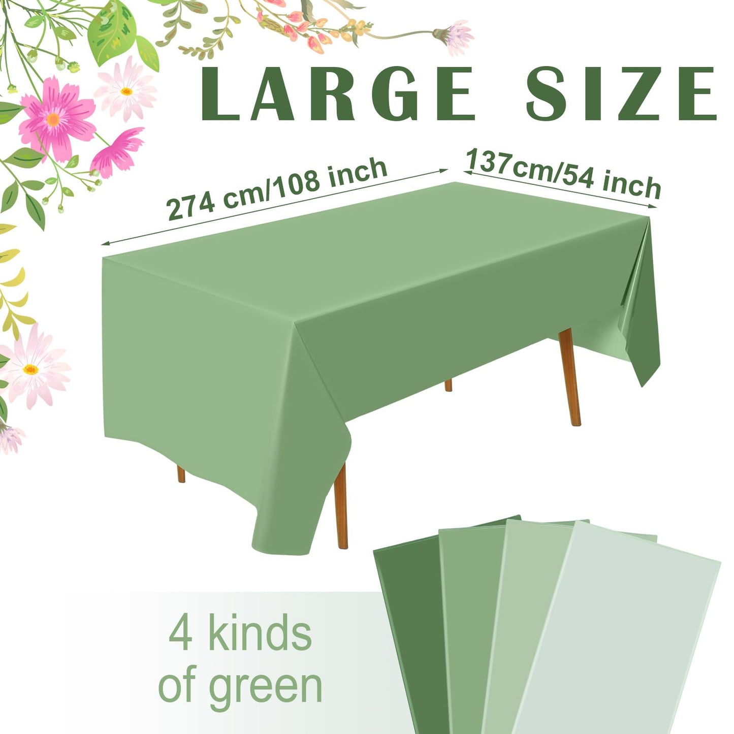 VitalCozy 4 Pcs Sage Green Tablecloths 54 x 108 Inch Gradient Table Cloths Plastic Rectangle Disposable Table Cover Waterproof Tablecloth for Wedding Bridal Birthday Party Spring