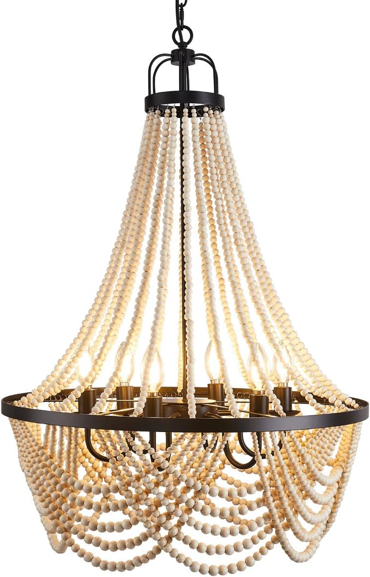 Farmhouse Boho Flush Mount Ceiling Light,3-Light Wood Bead Chandeliers,Black Metal Bohemia Hanging Pendant Lighting,Small Chandelier for Bedroom,Living Room,Entryway,Hallway