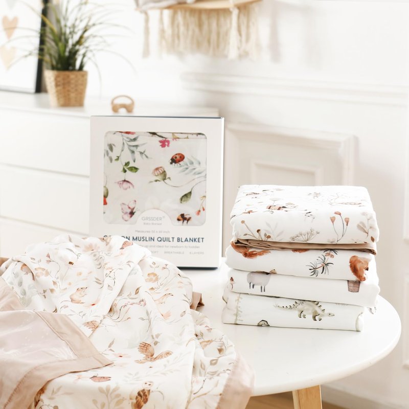 GRSSDER Muslin Cotton Quilt Blanket - Silky Soft and Breathable Baby Blanket Quilt, Oversized Muslin Blankets for Newborns, Toddlers & Kids, 6 Layers Reversible Design for All Seasons, 47" x 47"