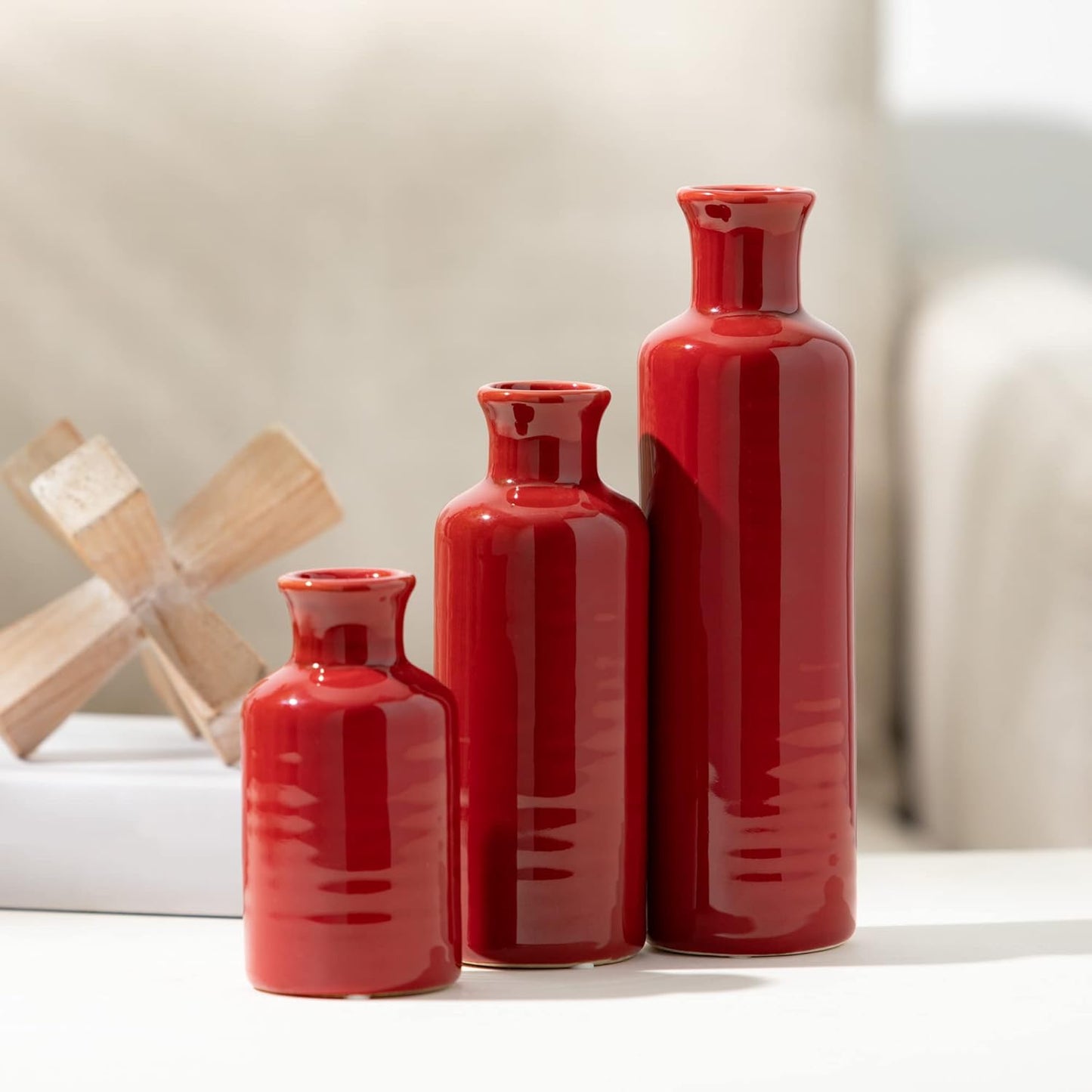 Red Vase Set - Boho Farmhouse Decor for Kitchen, Bedroom & Living Room - CM2407