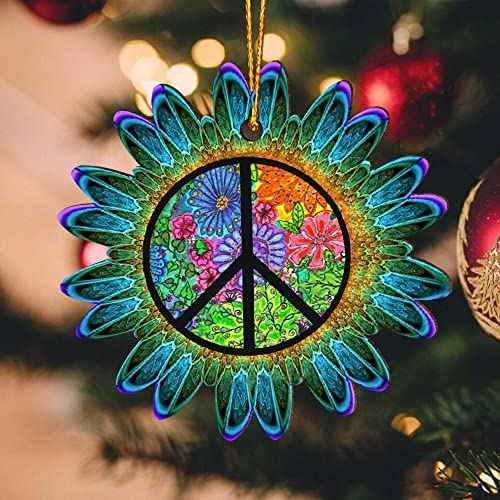 Hippie Peace Sign Love Christmas Ornament Tree Decorations 2D Flat (NOT 3D Ornament), Bulk Wooden Hippie Car Hanging Accessories, 60s 70s Theme Hippie Room Decor, Gifts for Hippie Souls