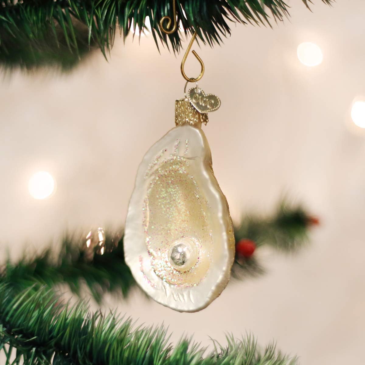 Beach Shells Glass Blown Ornaments for Christmas Tree - Junonia Shell, Tan/Brown/White/Gold