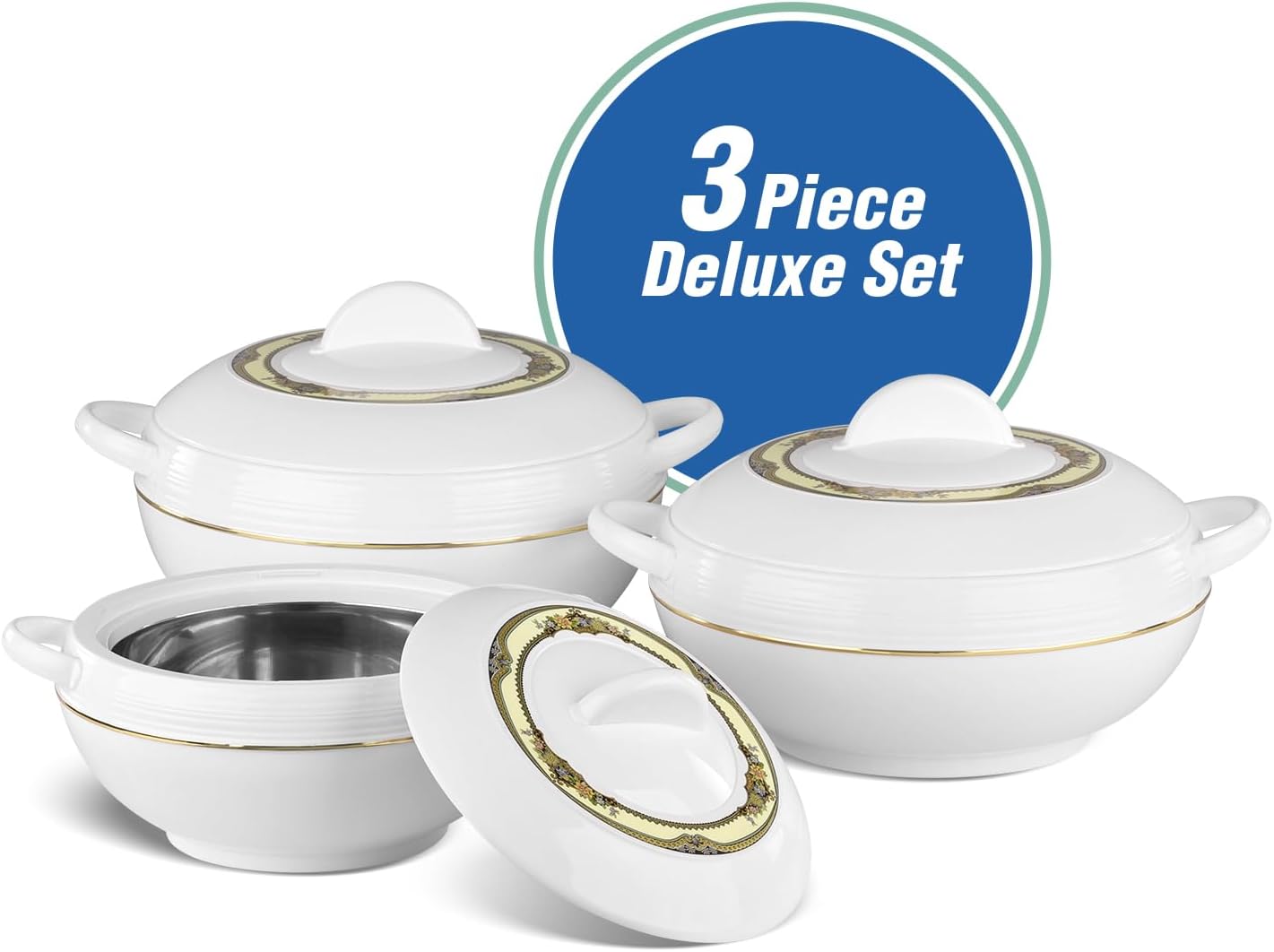 Ambiente Food Warmer Hot Pot Set Of Insulated Casseroles 1.2 1.6 And 2.5 Litre (White)