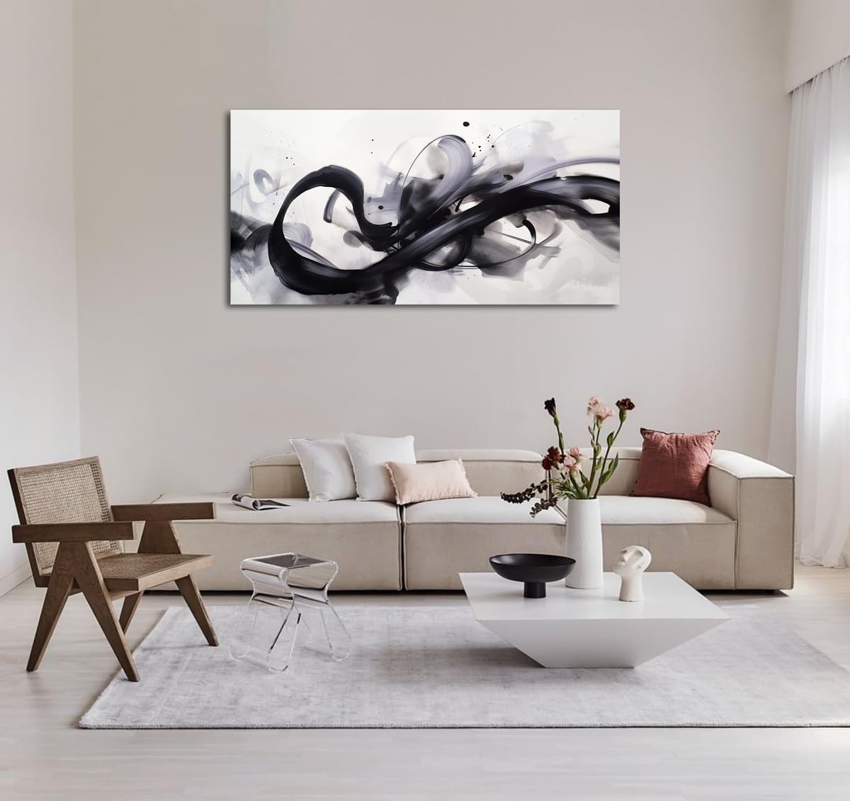 HONGRUIFAN Black White Abstract Wall Art Canvas Geometric Lines Print Picture Large 20x40 Inch Contemporary Artwork Pinting for Home Décor