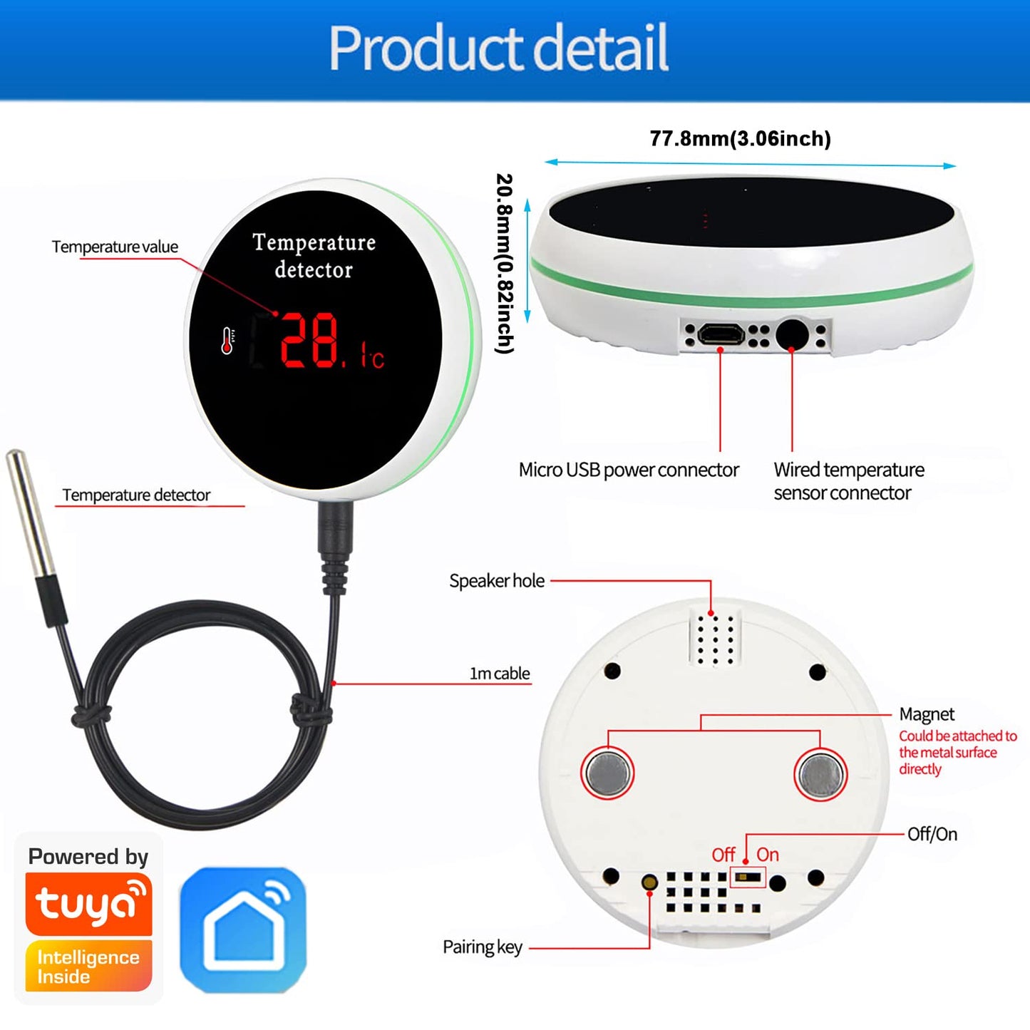 WiFi Temperature Sensor Smart Thermometer: Digital Temperature Monitor Gauge with Waterproof External Probe, App Alert & Buzzer Alarm, Rechargeable Battery, for Freezer, Refrigerator, Fish Tank