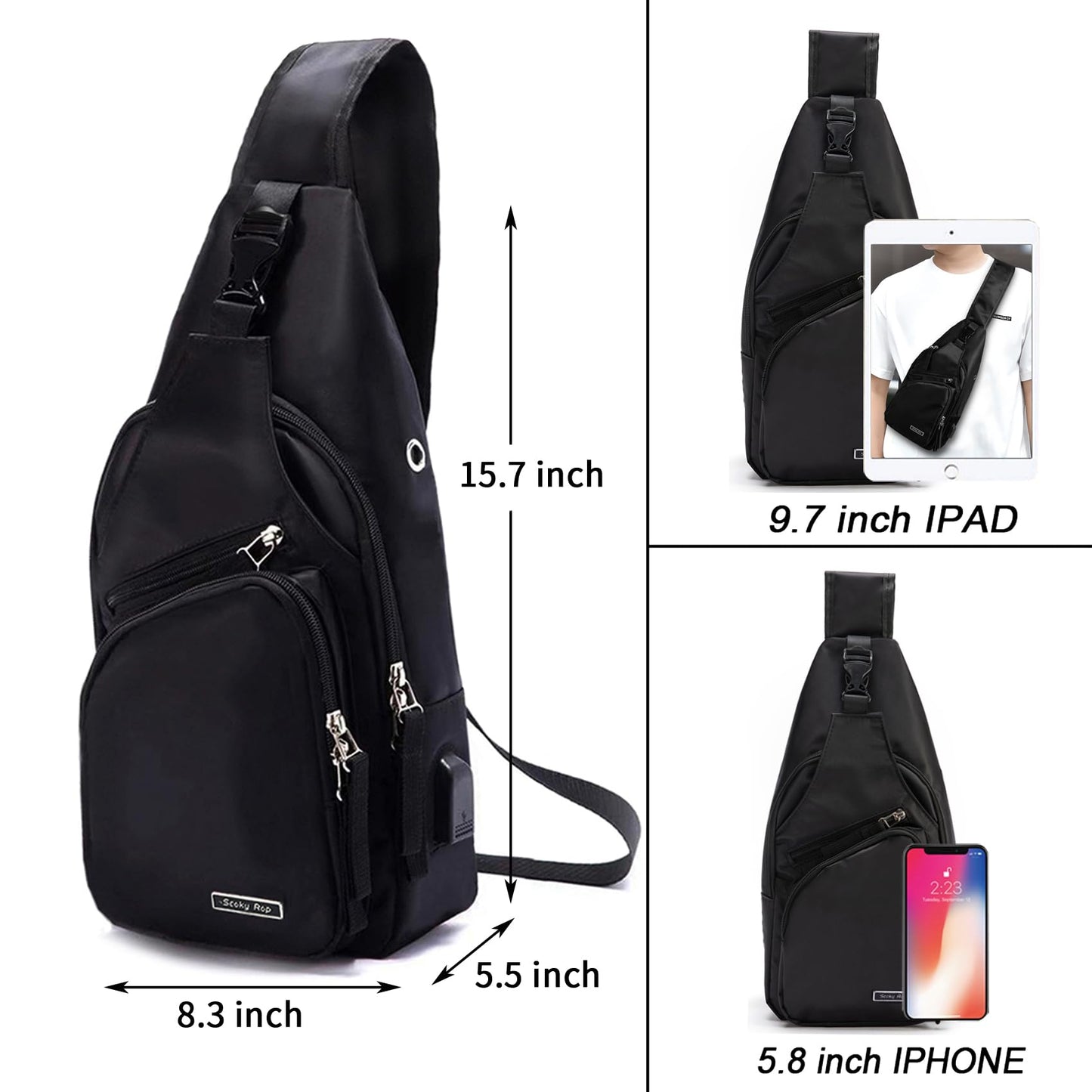 Seoky Rop Men Women Sling Backpack Nylon Water Resistant Shoulder Chest Crossbody Sling Bag with USB Charging Port Black