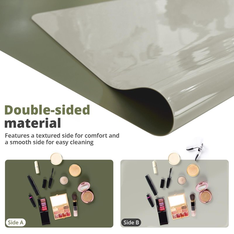LovePads Makeup Mat for Vanity, 14 x 24 Dual-Sided Desk Pad & Vanity Cover Top, Waterproof PVC Protector Mat for Dresser, Nail Art, Craft Table (Green+Grey)