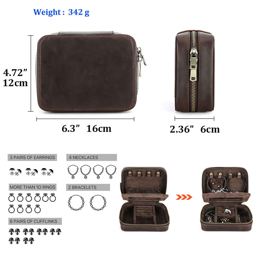 Contacts Genuine Leather Jewelry Box for Men Travel Jewelry Organizer Zipper Jewelry Cufflinks Ring Necklace Bracelet Storage Case with Mirror, Rectangular+mirror, Coffee