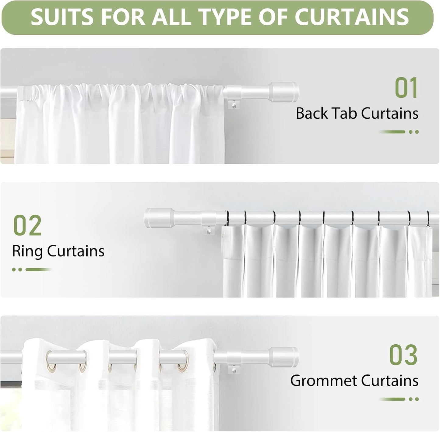 Skiennix Adjustable Curtain Rods - 5/8” Diameter, 30-45 Inch for Small Windows - White with Brackets