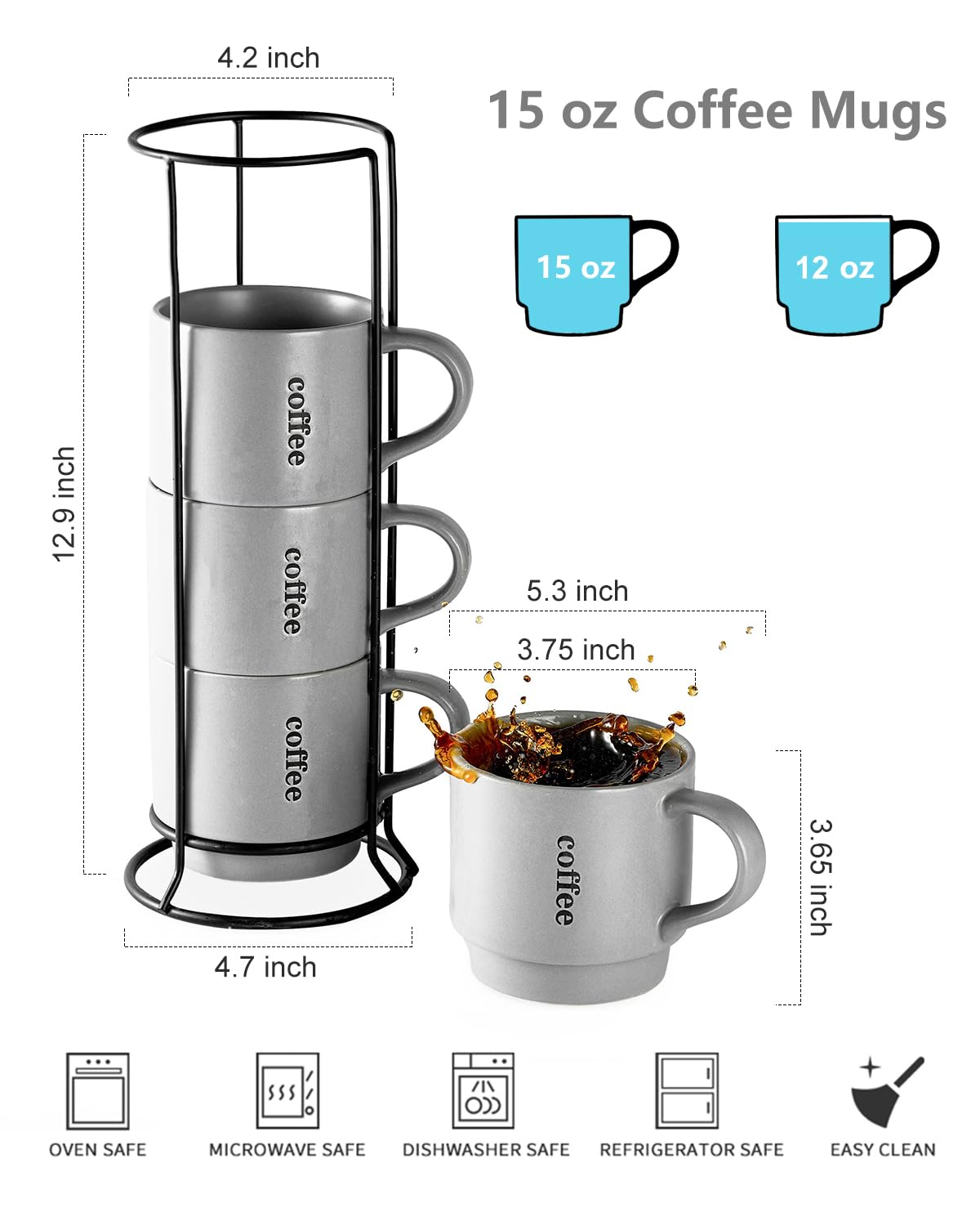 LAUCHUH Stackable Coffee Mug Set with Rack - 15 Ounce Porcelain Coffee Mugs for Coffee, Tea, Cocoa, Milk, Mug Set of 4 for Thanksgiving, Grey