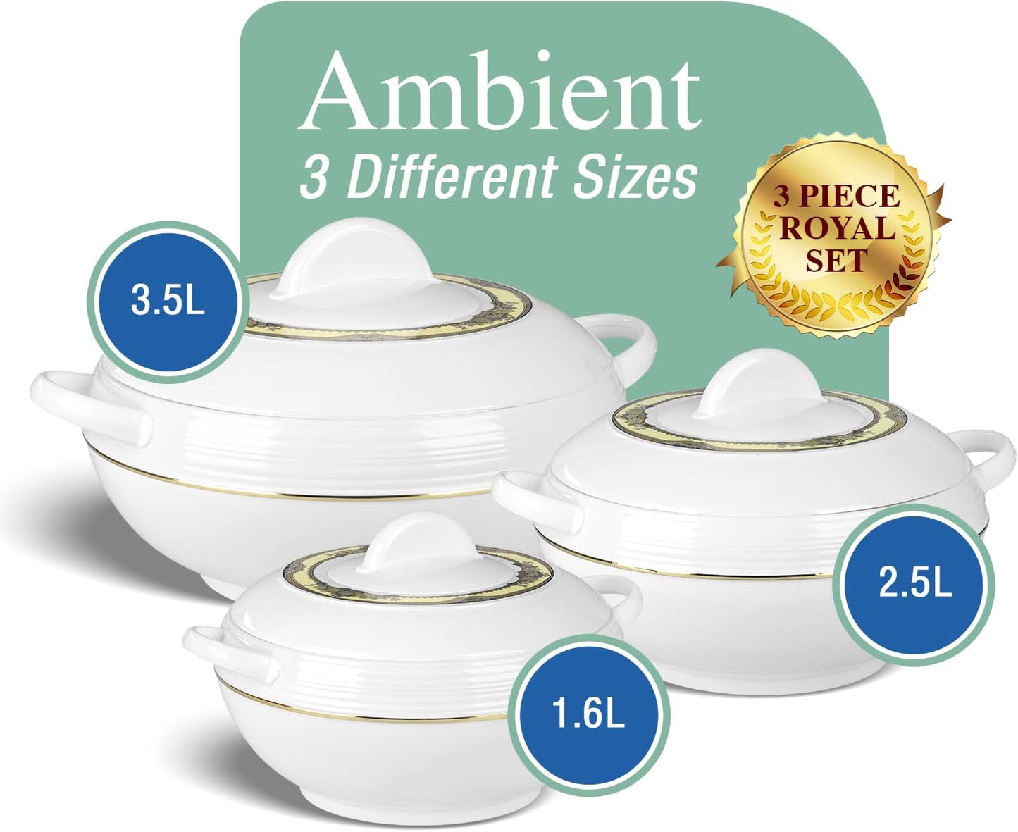 Ambiente Food Warmer Hot Pot Set Of Insulated Casseroles 1.2 1.6 And 2.5 Litre (White)