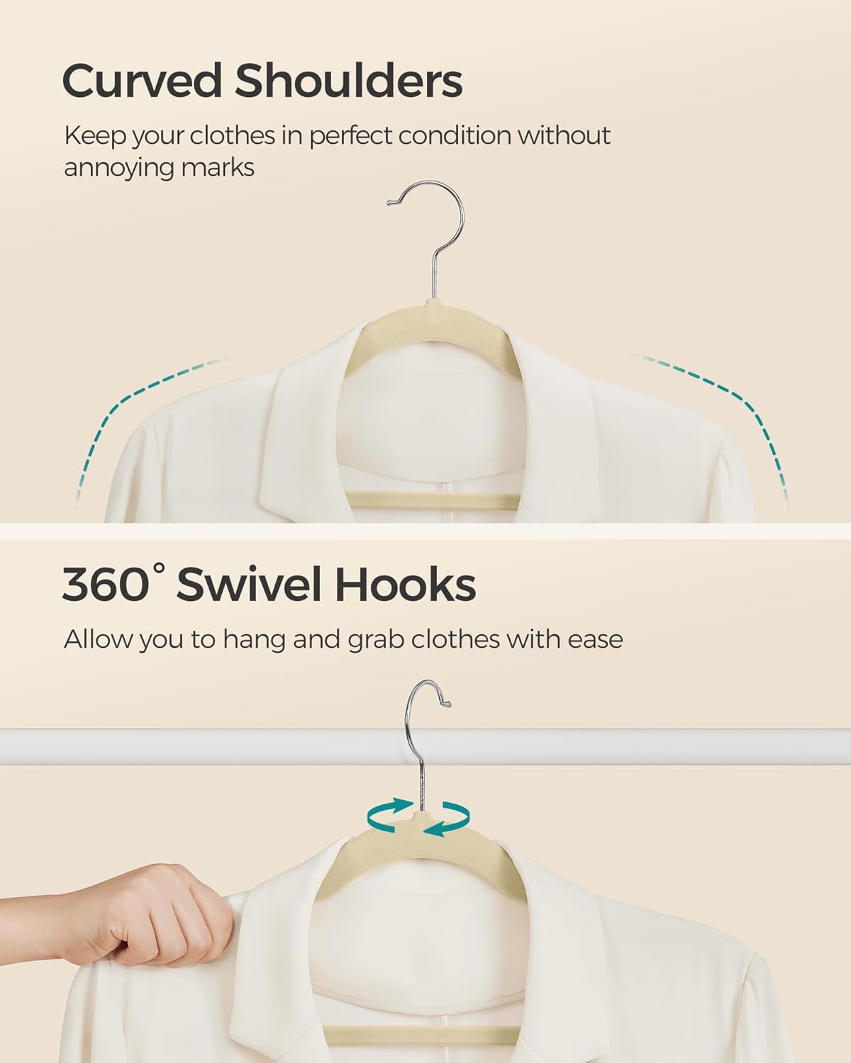 SONGMICS Velvet Hangers - Non-Slip Clothes Hangers with 360° Swivel Hook - 50 Pack, Sand Beige
