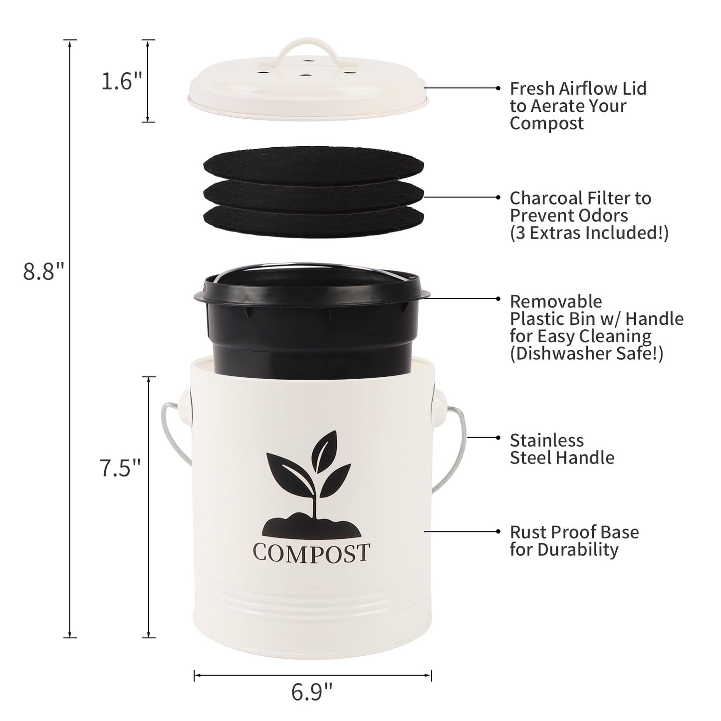Compost Bin Kitchen Countertop, Indoor Compost Bin with Inner Bucket, 1.15 Gallon Small Compost Bin with Lid, Indoor Composter Bin Counter Compost Pail Food Waste Bin Includes 3PCs Carbon Filter Cream