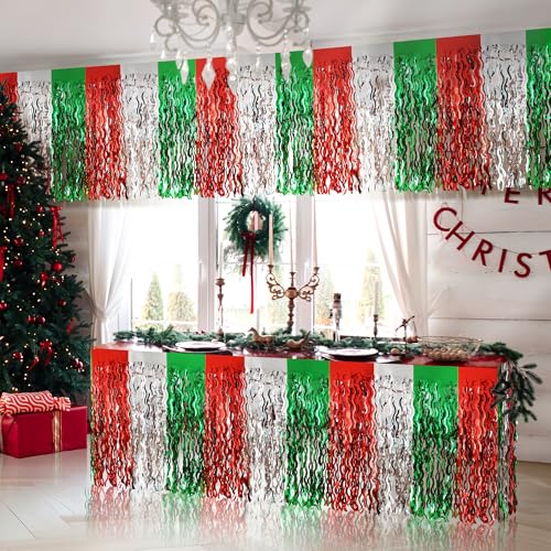 Watch Me Fly 2 Pack Holiday Table Skirts - Red, Green & Silver Metallic Fringe, 30x108 Inches