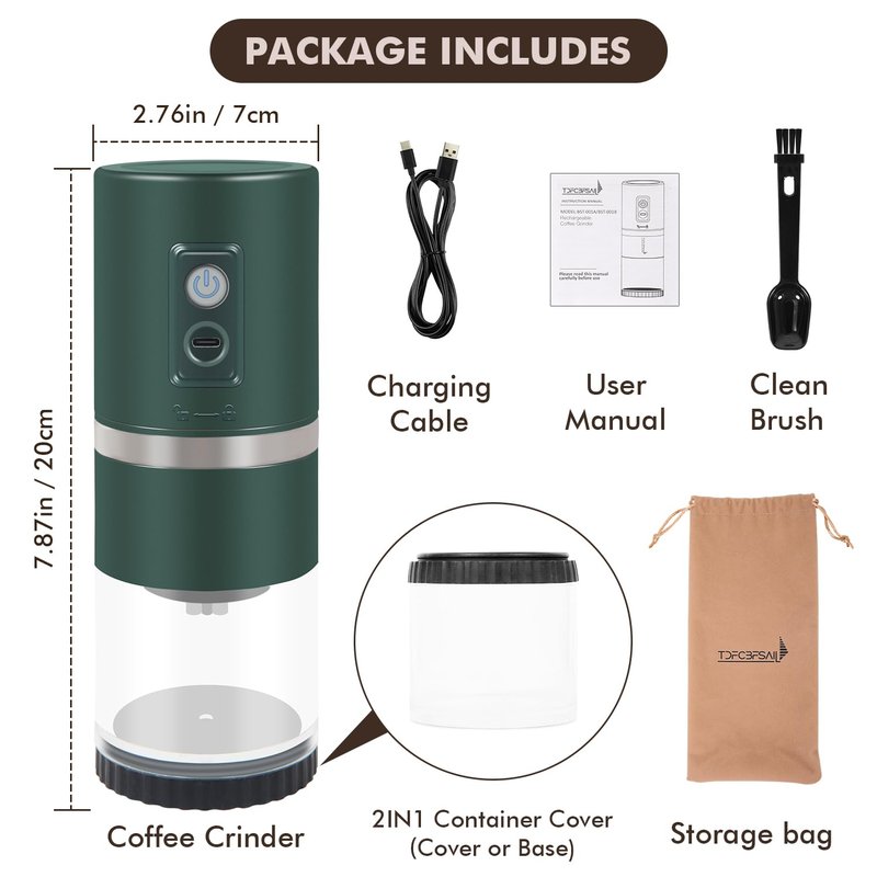 Portable Electric Coffee Grinder Stainless Steel Conical Burr Coffee Grinder with 45 Adjustable Settings Rechargeable Coffee Bean Grinder for Home, Travel, Camping, Office-Dark Green