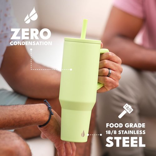 Elemental 40 oz Tumbler with Handle and Straw - Spill Proof Insulated Stainless Steel Commuter for Cold Beverages - Travel Coffee Mug with 2 Straws & Spill Proof Lid - 40oz - Key Lime