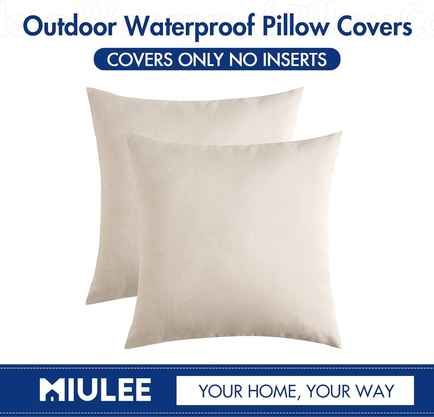 MIULEE Decorative Outdoor Throw Pillow Covers - Waterproof Faux Linen Cushion Cases | 26x26 Inch Beige (Pack of 2)